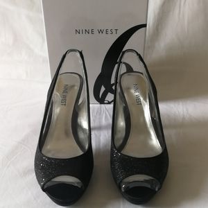 New Nine West Black Glitter Peep Toe Heels